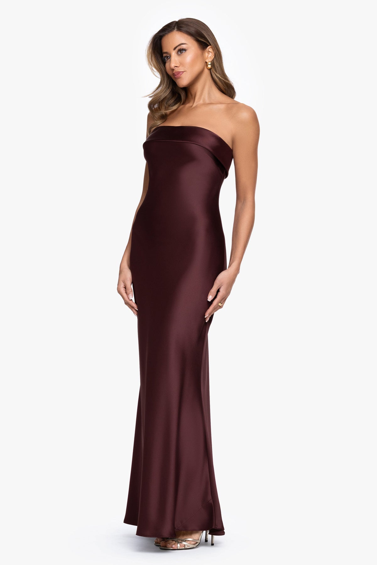 "Reese" Satin Long Strapless Gown Chocolate
