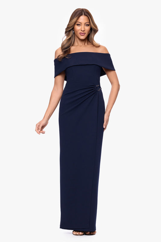 "Devon" Scuba Crepe Off The Shoulder Gold Detail Waist Dress Navy
