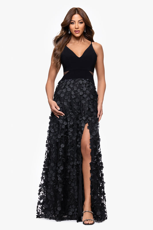 "Iris" Jersey Knit V-Neck Raised Flower Dress Black