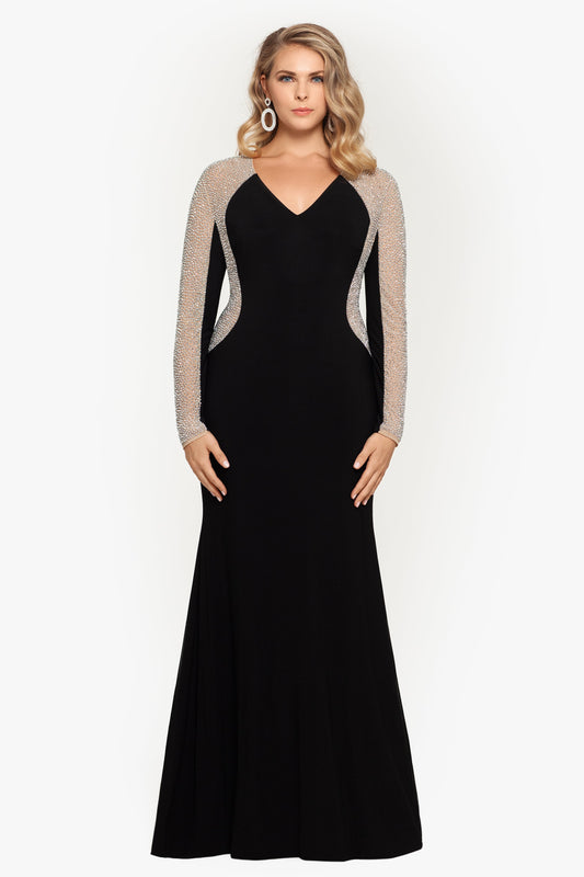 Plus "Wren" Jersey Knit Long Sleeve Crystal Beaded Dress Black/Nude/Silver