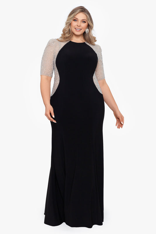 Plus "Elise" Quarter Sleeve Jersey Knit Dress Black/Nude/Silver