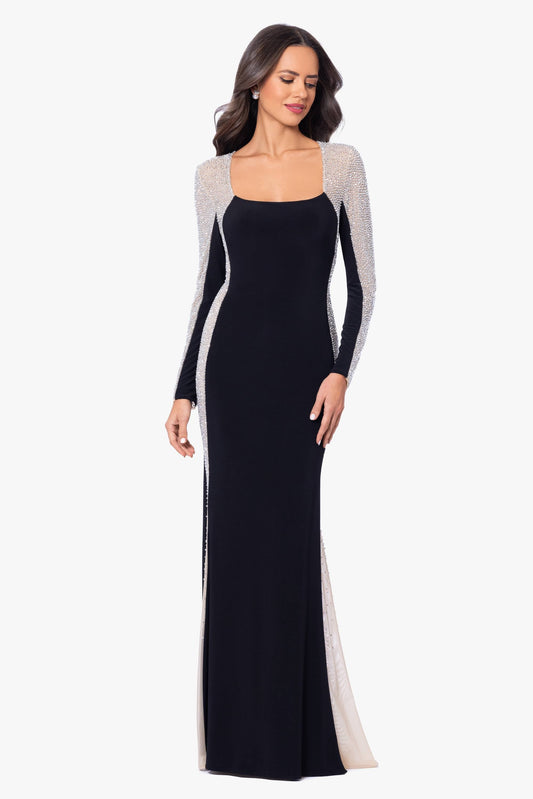 "Jillian" Long Sleeve Caviar Dress Black/Nude/Silver
