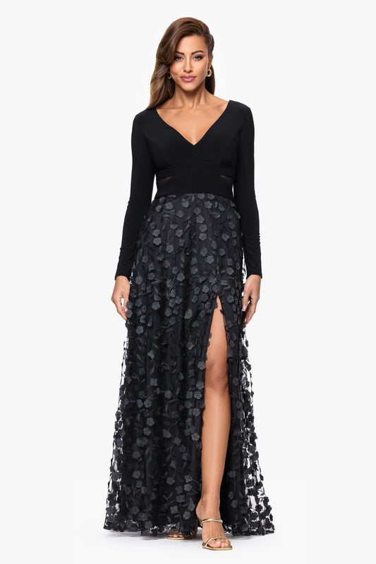 Petite "Aurora" V - Neck Long Sleeve Raised Flower Slit Dress Black