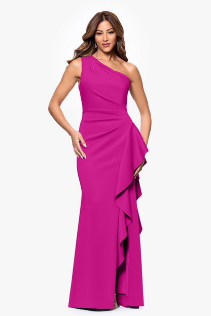 "Flo" Long Techno Scuba One Shoulder Ruffle Dress Orchid