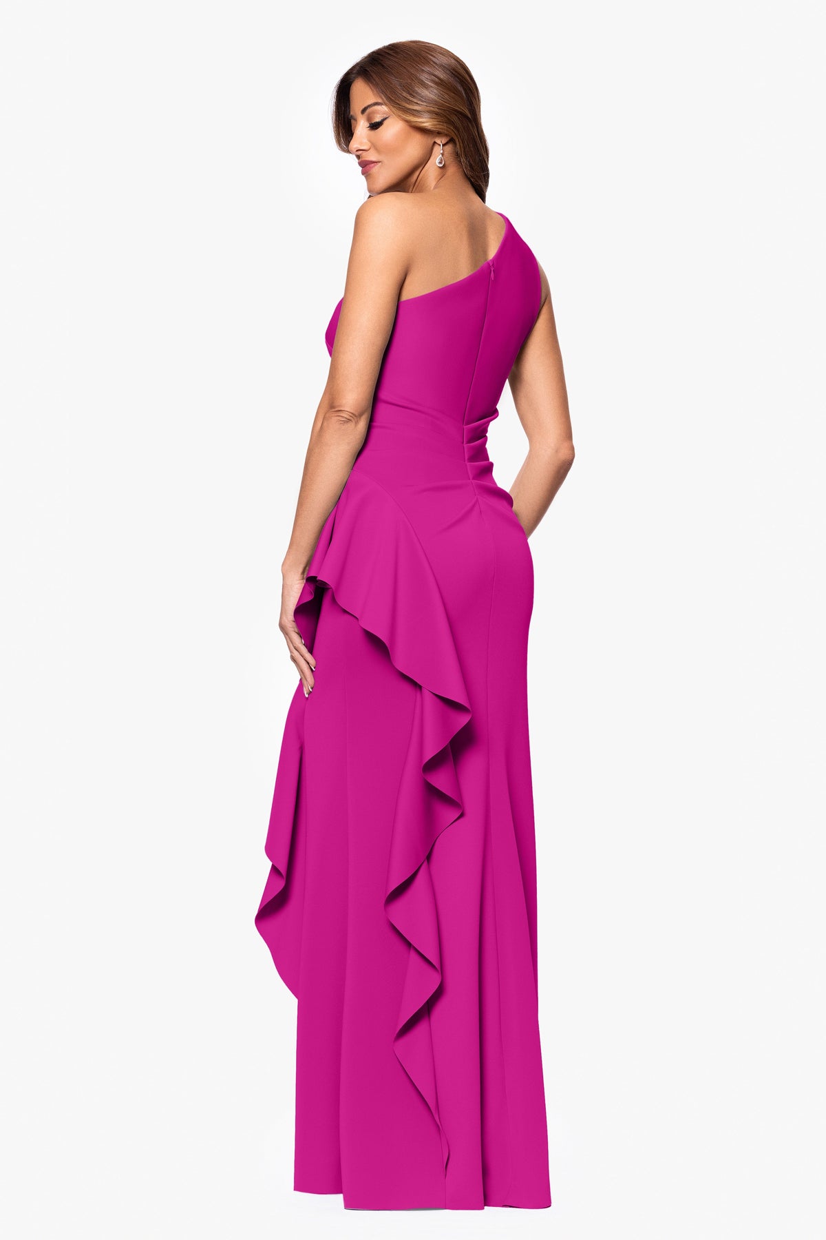 "Flo" Long Techno Scuba One Shoulder Ruffle Dress Orchid