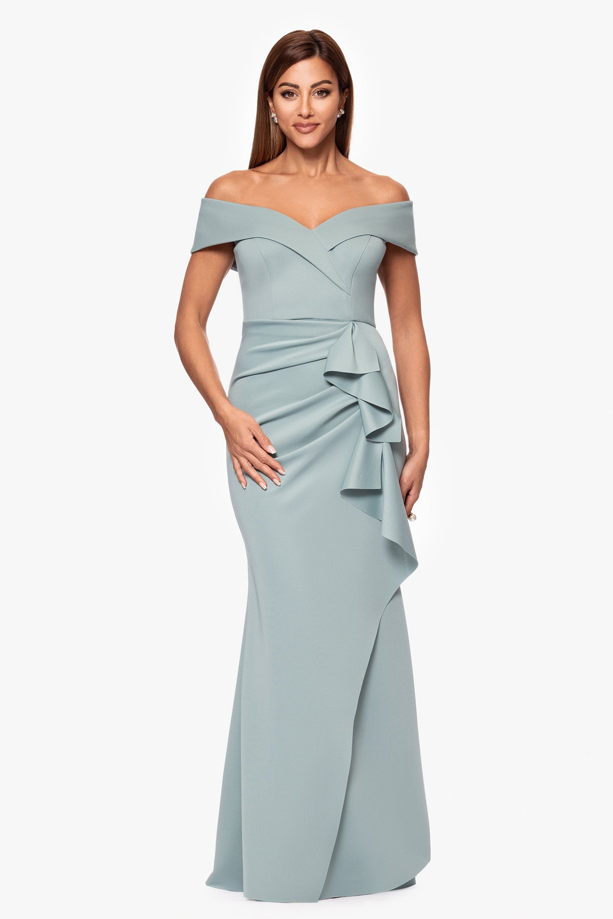 Petite "Patti" Techno Scuba Off The Shoulder Dress Sage