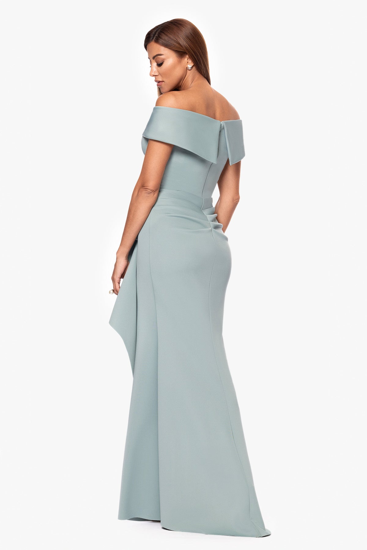 Petite "Patti" Techno Scuba Off The Shoulder Dress Sage