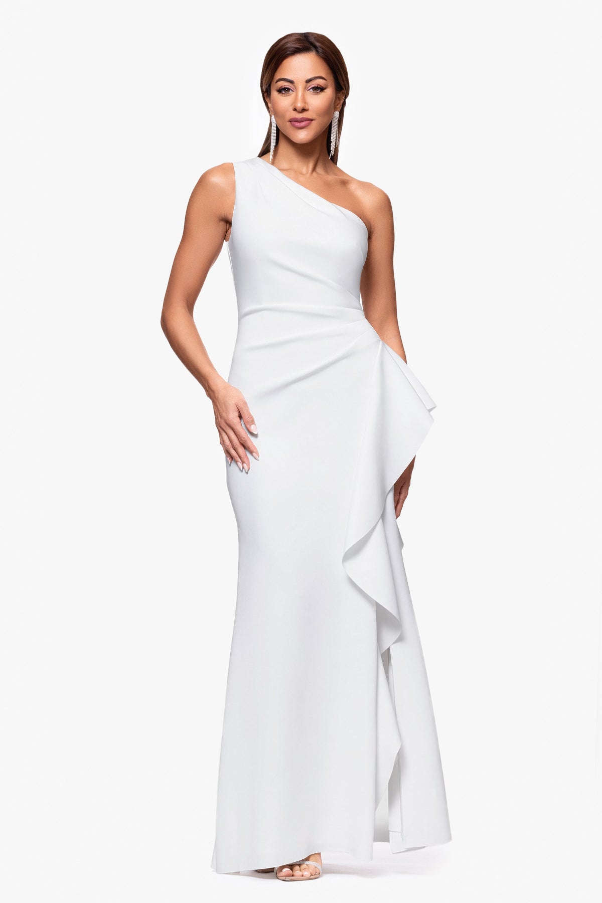 Petite "Flo" Long Techno Scuba One Shoulder Ruffle Dress Ivory