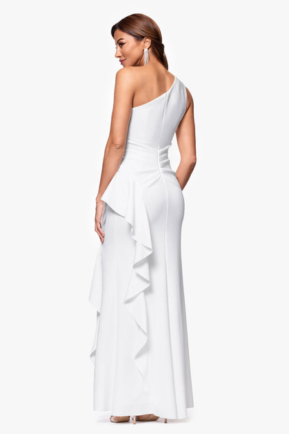 Petite "Flo" Long Techno Scuba One Shoulder Ruffle Dress Ivory