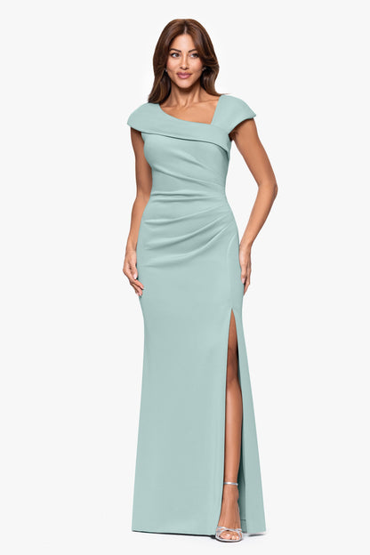 "Lenore" Techno Scuba Asymmetrical Neckline Dress Sage
