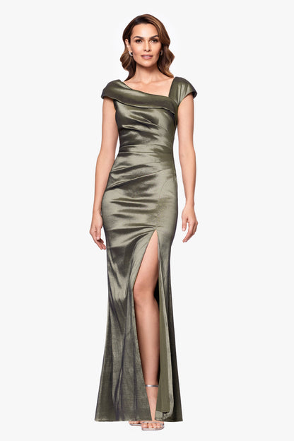 Petite "Paulina" Taffeta Short Sleeve Asymmetric Neckline Dress Olive