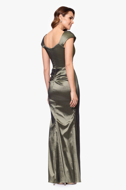 Petite "Paulina" Taffeta Short Sleeve Asymmetric Neckline Dress Olive