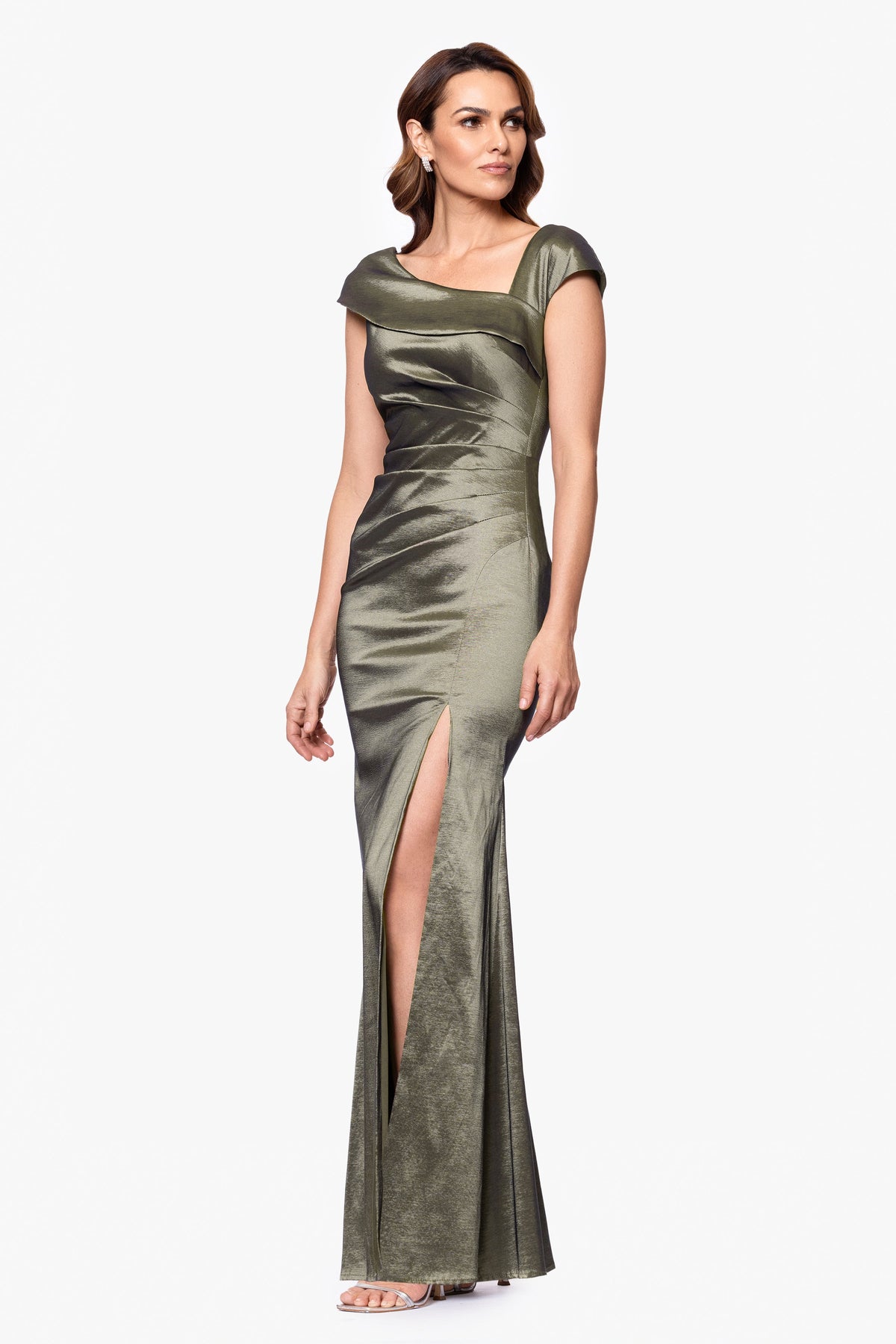 Petite "Paulina" Taffeta Short Sleeve Asymmetric Neckline Dress Olive