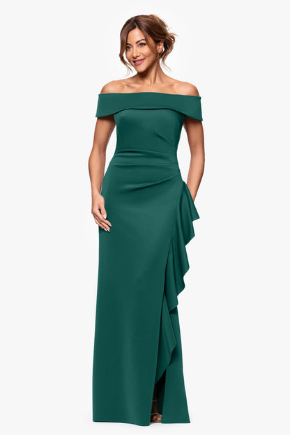 "Dolly" Techno Scuba Off the Shoulder Ruffle Dress Hunter
