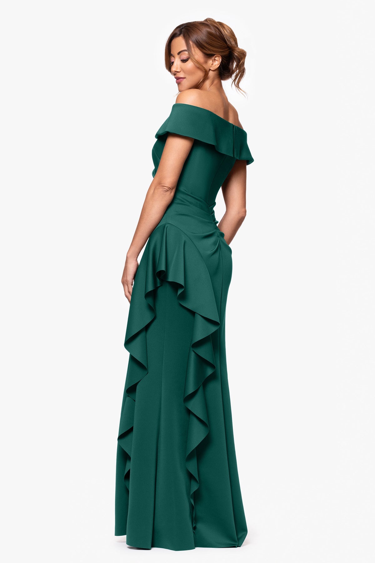 "Dolly" Techno Scuba Off the Shoulder Ruffle Dress Hunter