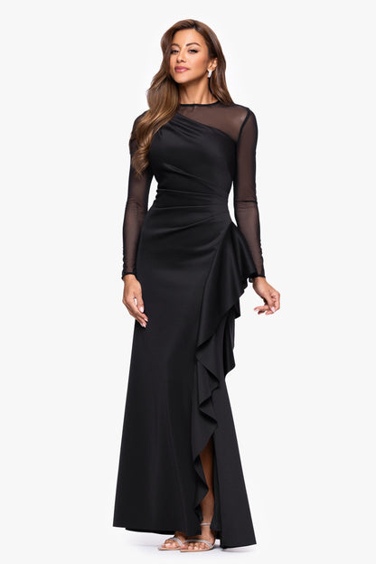 "Lyra" Techno Scuba Mesh Long Sleeve Dress Black