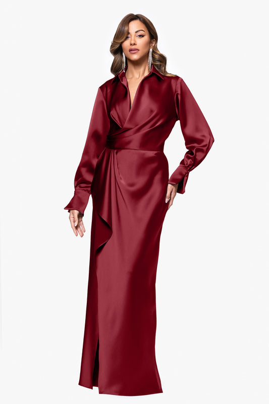 "Emery" Satin Long Sleeve Collared Dress Wine