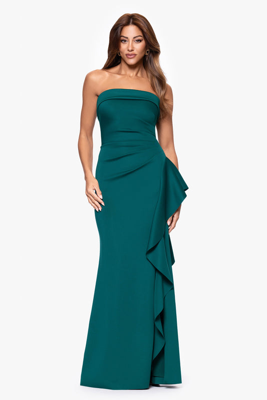 "Jacqueline" Techno Scuba Strapless Ruffle Dress Hunter