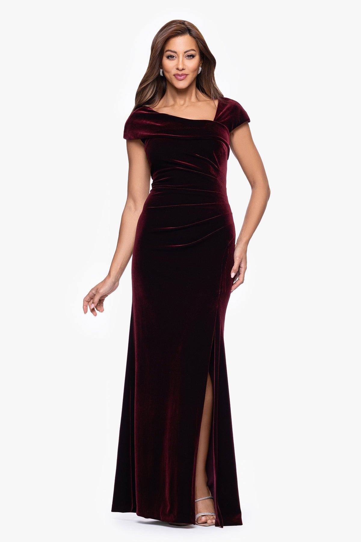 Petite "Katrina" Velvet Asymmetrical Neckline Cap Sleeve Dress Burgundy