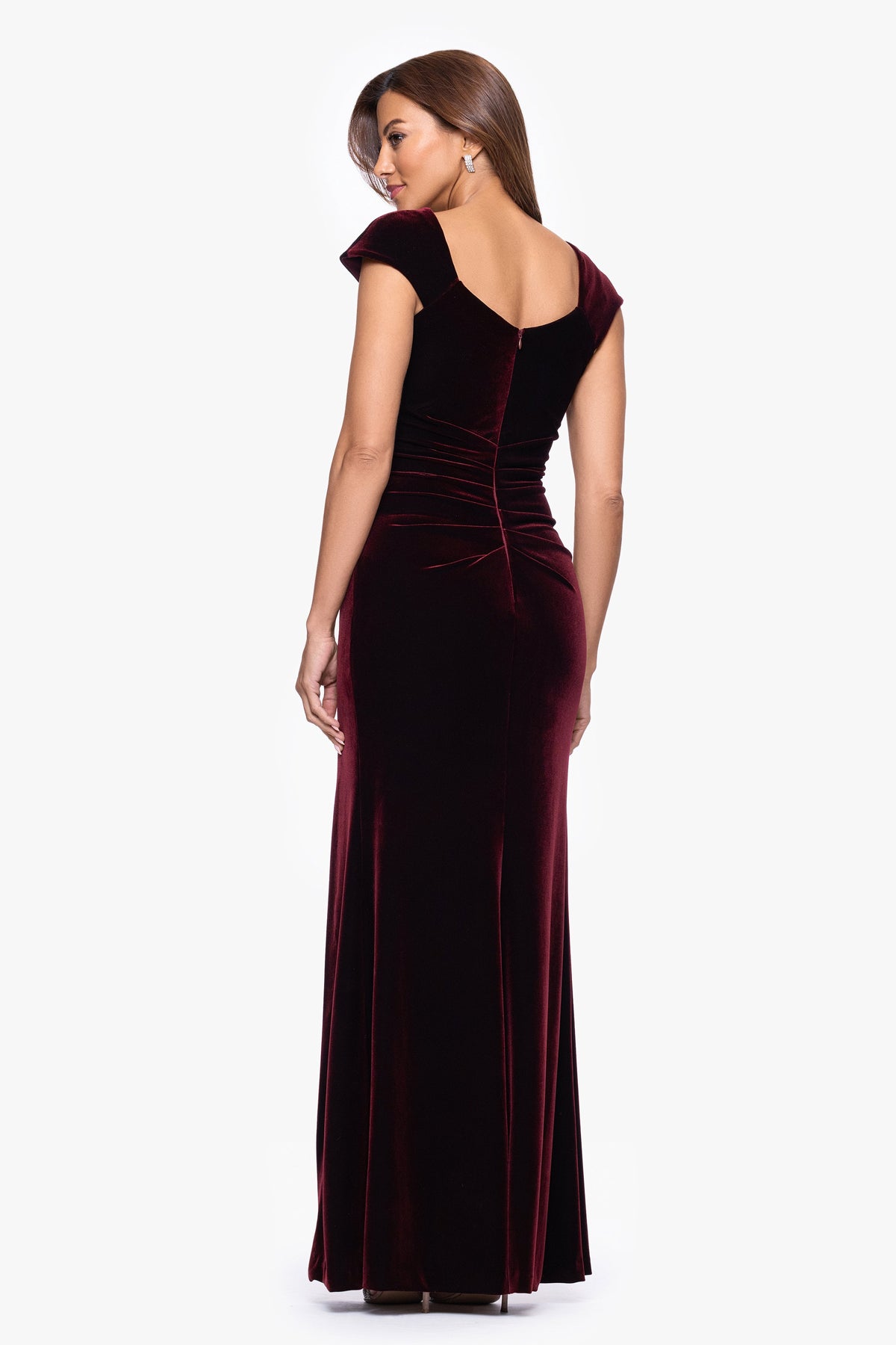 Petite "Katrina" Velvet Asymmetrical Neckline Cap Sleeve Dress Burgundy