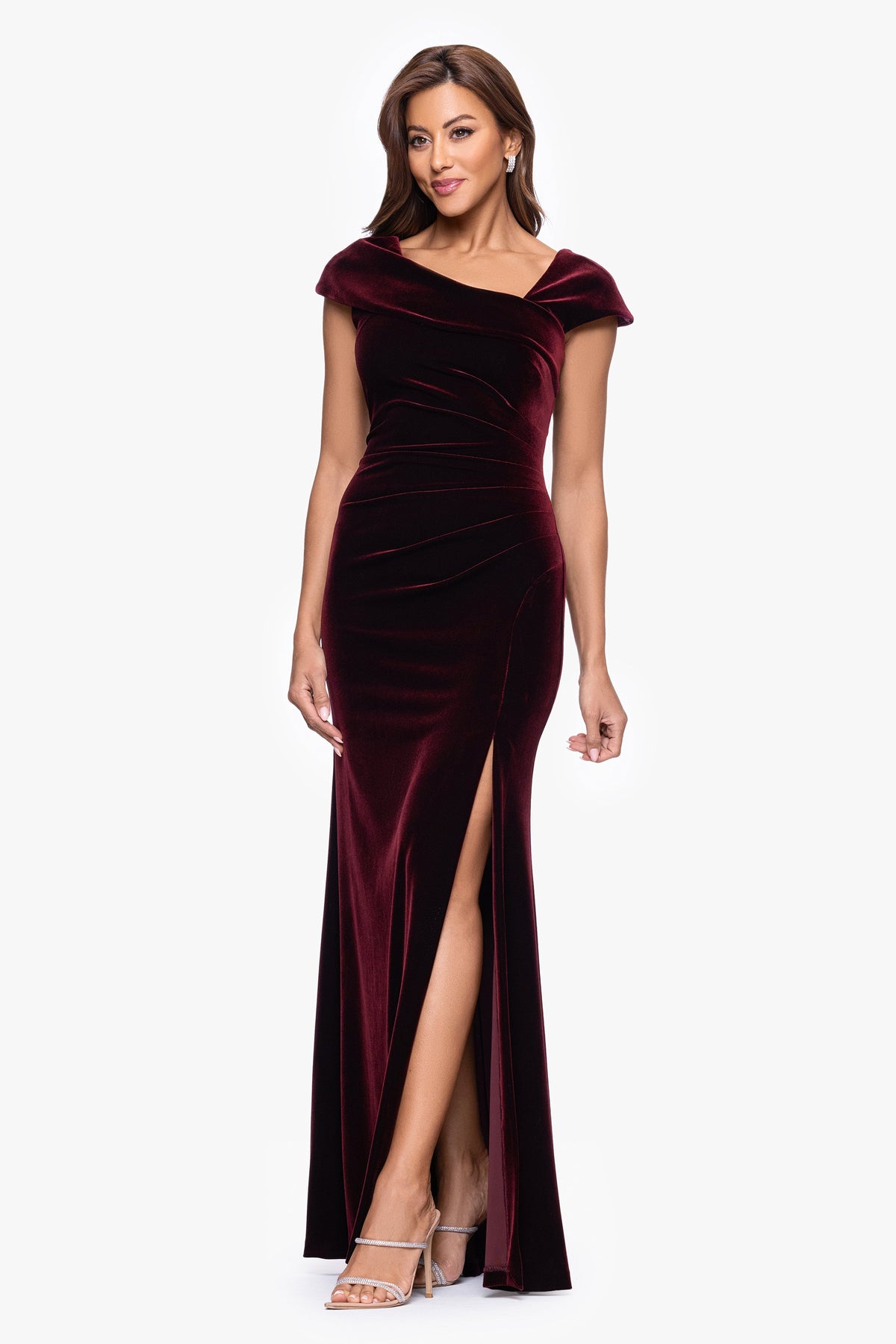 Petite "Katrina" Velvet Asymmetrical Neckline Cap Sleeve Dress Burgundy