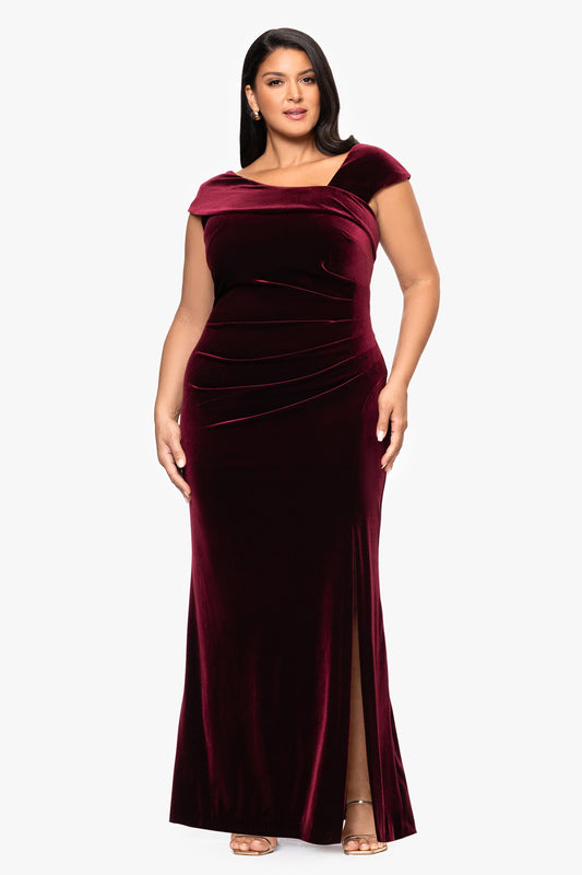 Plus "Katrina" Velvet Asymmetrical Neckline Cap Sleeve Dress Burgundy