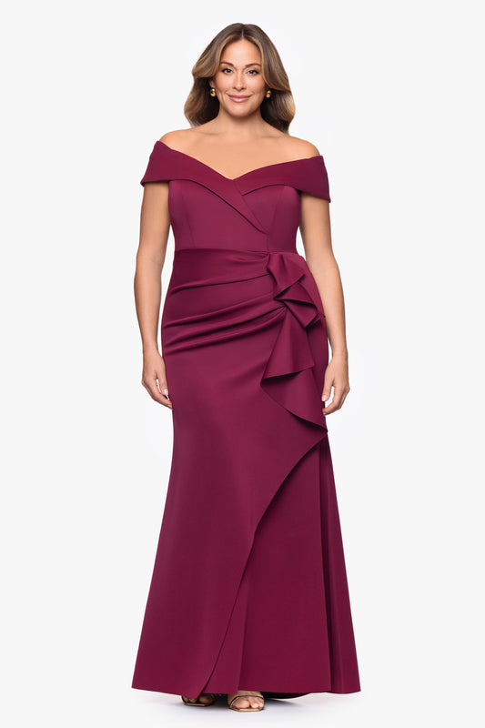Plus "Patti" Techno Scuba Off The Shoulder Dress Wine