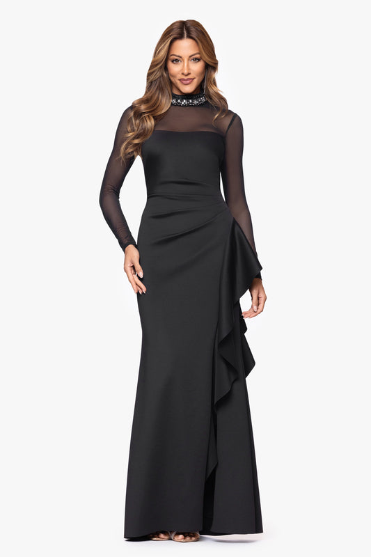 "Maxina" Techno Scuba and Mesh Long Sleeves Dress Black