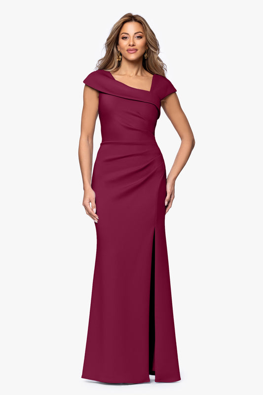 Petite "Lenore" Techno Scuba Asymmetrical Neckline Dress Wine