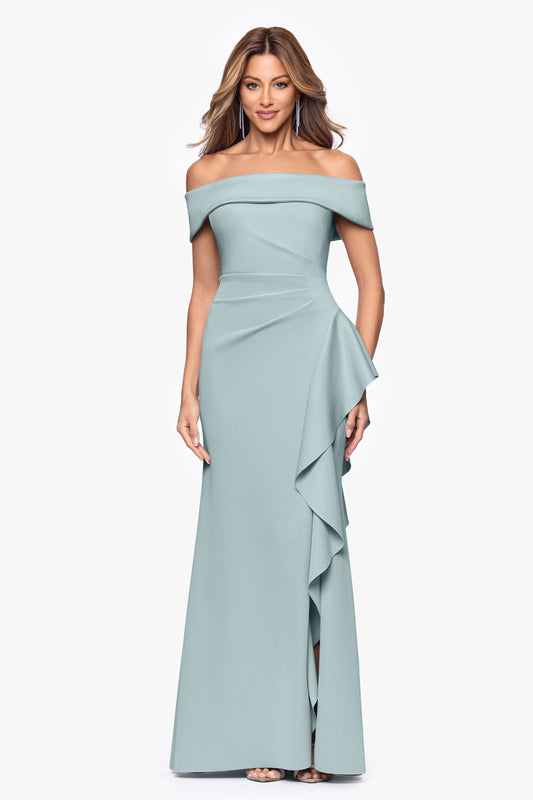 "Dolly" Techno Scuba Off the Shoulder Ruffle Dress Sage