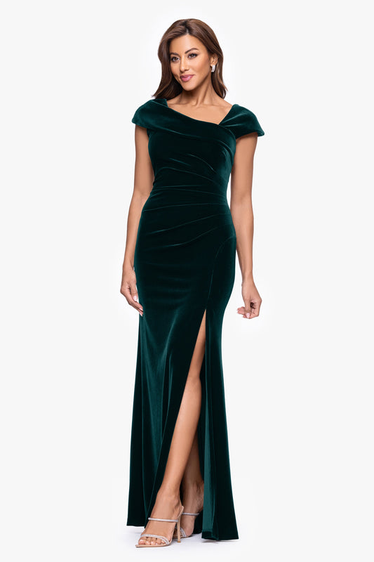 "Katrina" Velvet Asymmetrical Neckline Cap Sleeve Dress Hunter