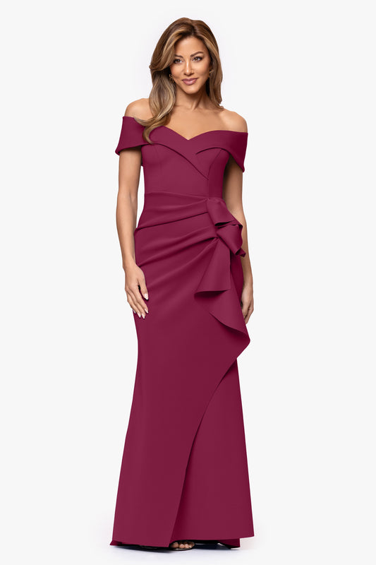 "Patti" Long Off the Shoulder Techno Scuba Dress Wine