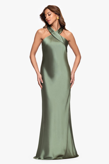"Francesca" Satin Halter Tie Neck Dress Olive