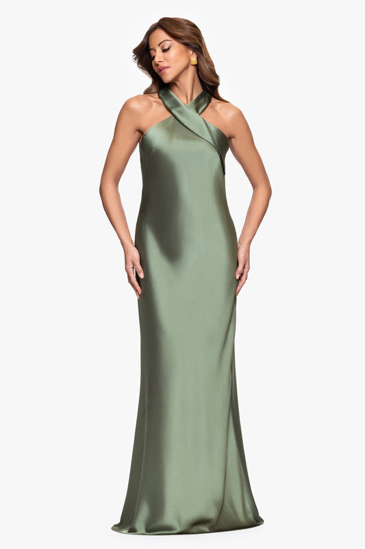 "Francesca" Satin Halter Tie Neck Dress Olive