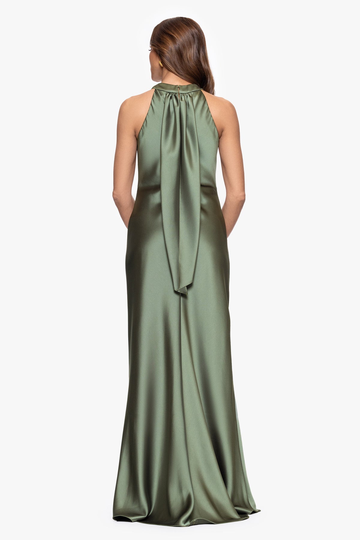 "Francesca" Satin Halter Tie Neck Dress Olive