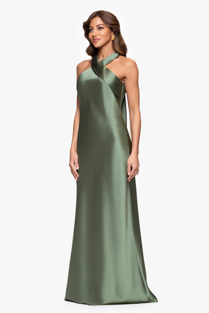 "Francesca" Satin Halter Tie Neck Dress Olive