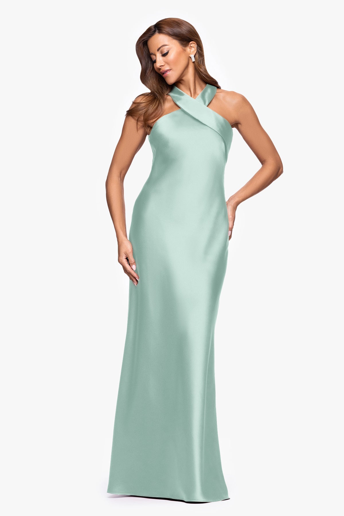 "Francesca" Satin Halter Tie Neck Dress Sage