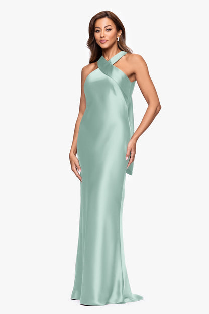 "Francesca" Satin Halter Tie Neck Dress Sage