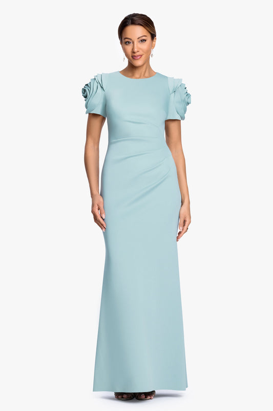 "Cami" Techno Scuba With Flower Shoulder Dress Sage
