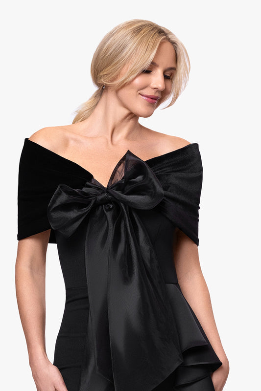 "Georgina" Velvet and Organza Bow Shawl Wrap Black