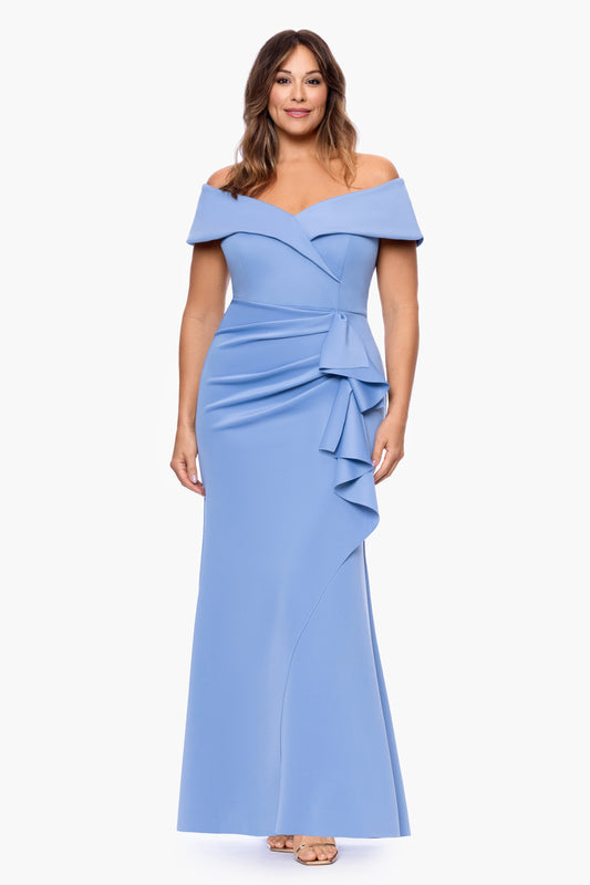 Plus "Patti" Techno Scuba Off The Shoulder Dress Slate