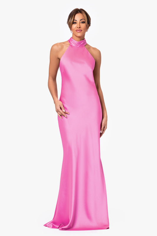 "Ruth" Satin High Tie Neck Backless Dress Pink