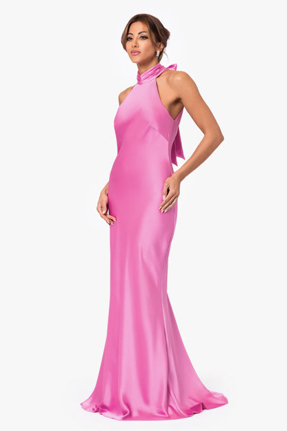 "Ruth" Satin High Tie Neck Backless Dress Pink