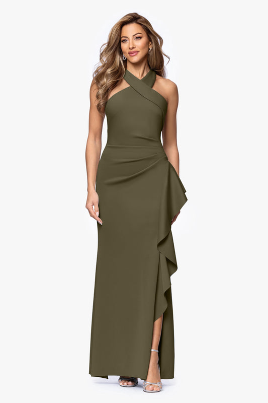 "Gigi" Techno Scuba Cross Neck Dress Olive