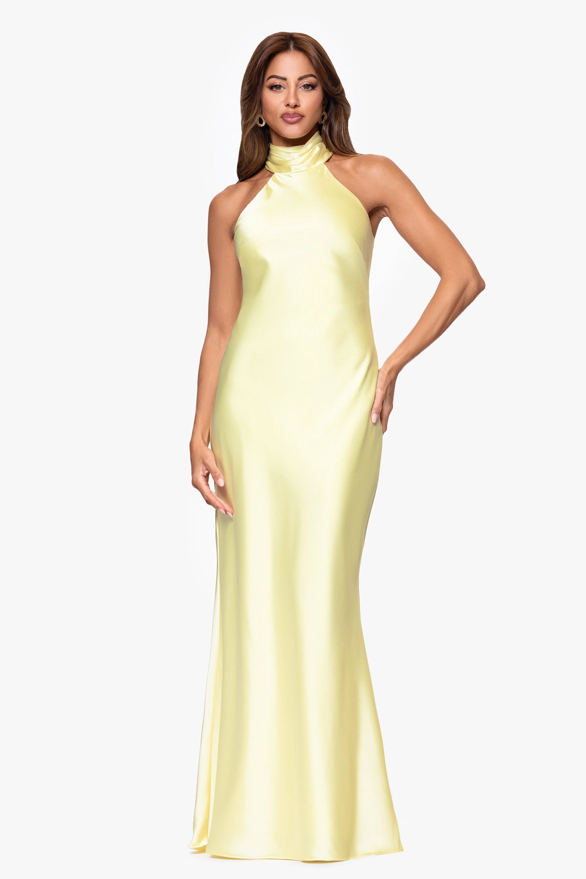 Petite "Ruth" Satin High Tie Neck Backless Dress Butter
