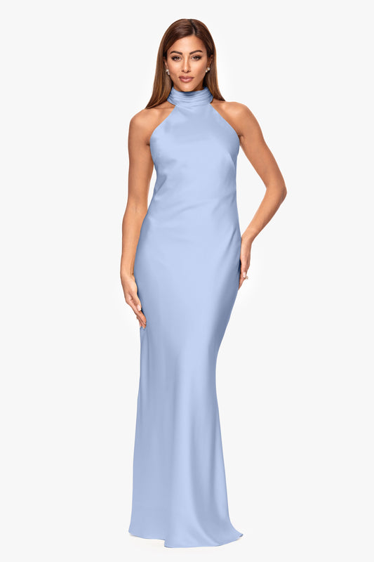 Petite "Ruth" Satin High Tie Neck Backless Dress Light Blue