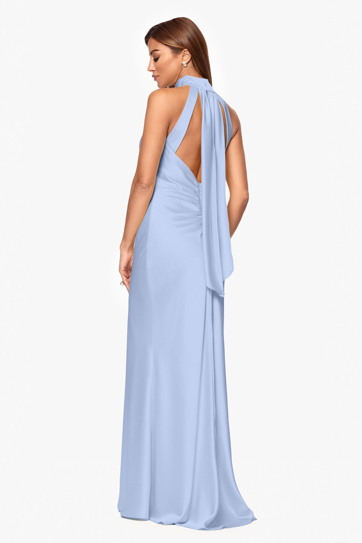 Petite "Ruth" Satin High Tie Neck Backless Dress Light Blue