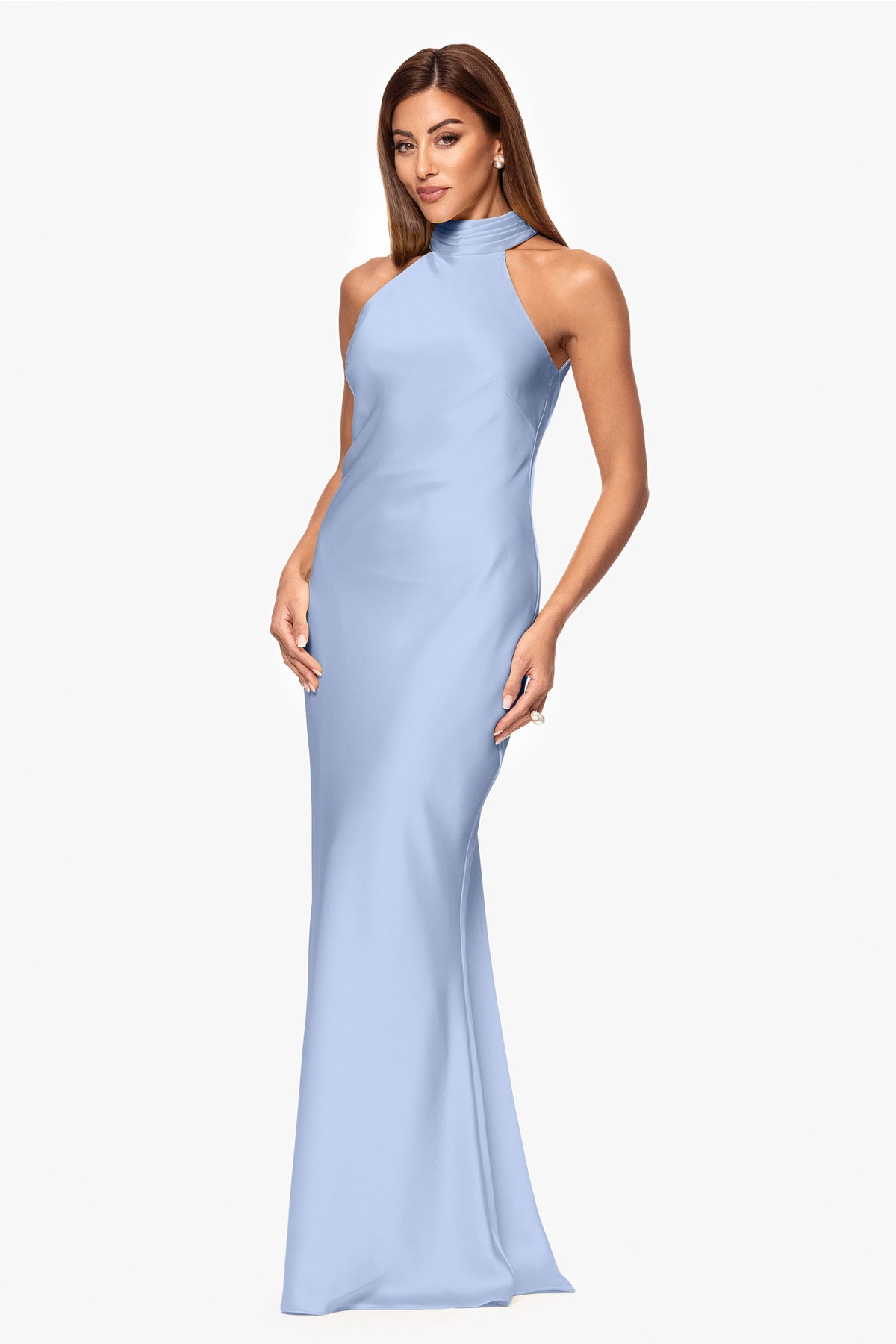 Petite "Ruth" Satin High Tie Neck Backless Dress Light Blue