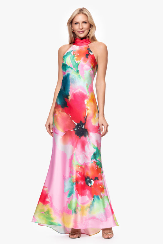 "Poppy" Printed Satin Halter Dress Pink/Red