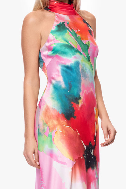 "Poppy" Printed Satin Halter Dress Pink/Red